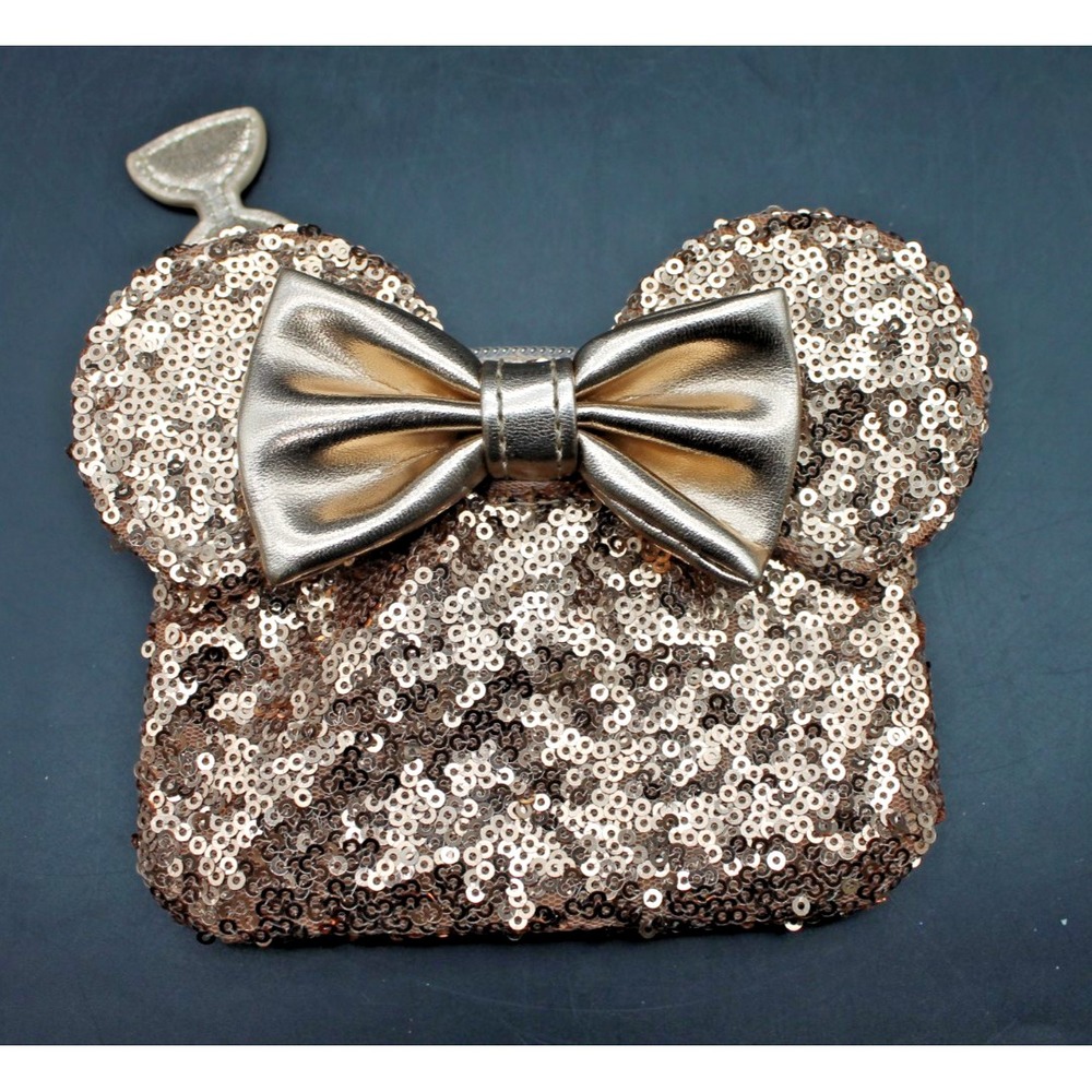 Disney Parks Rose Gold Minnie Mouse Ears Sequin Coin Purse Wallet Pouch